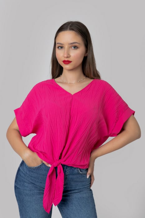 Bluza ciclam casual cu aspect texturat si nod in talie