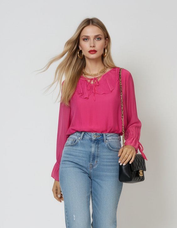 Bluza cu volan din mătase naturală și vascoză ciclam - Unica S-L