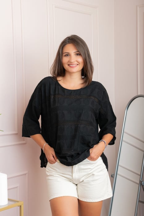 Bluza dama din bumbac Louise cu perforatii si buzunar - Negru