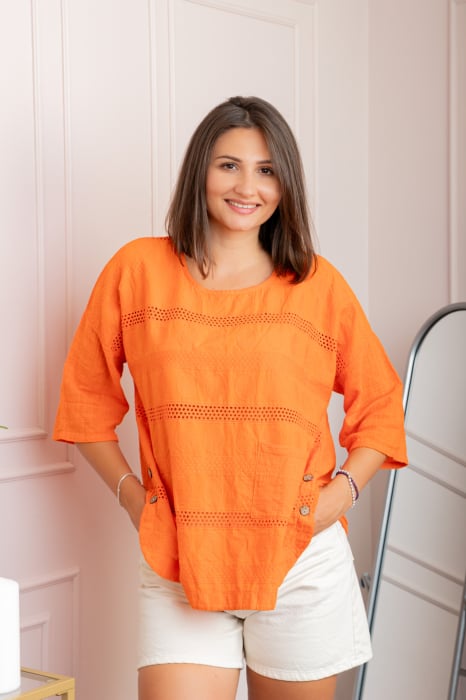 Bluza dama din bumbac Louise cu perforatii si buzunar - Orange
