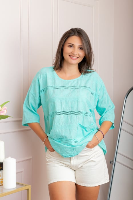 Bluza dama din bumbac Louise cu perforatii si buzunar - Turcoaz