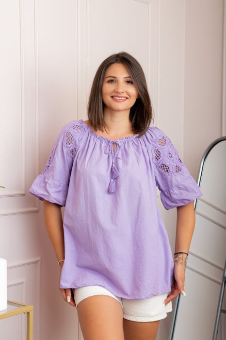 Bluza dama din bumbac Myra cu perforatii florale - Lila