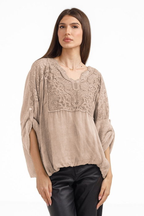 Bluza dama eleganta matase, dantela boho si tricotaj,bej fango