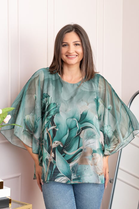 Bluza dama eleganta Shirley verde din voal cu imprimeu floral