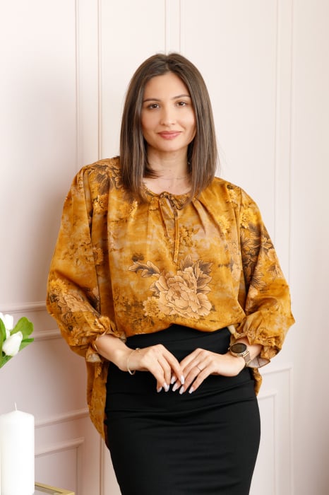 Bluza dama galben mustar cu imprimeu floral maro Quinn plus size