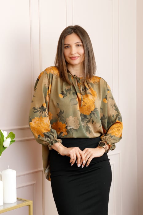 Bluza dama kaki cu imprimeu floral orange Quinn plus size