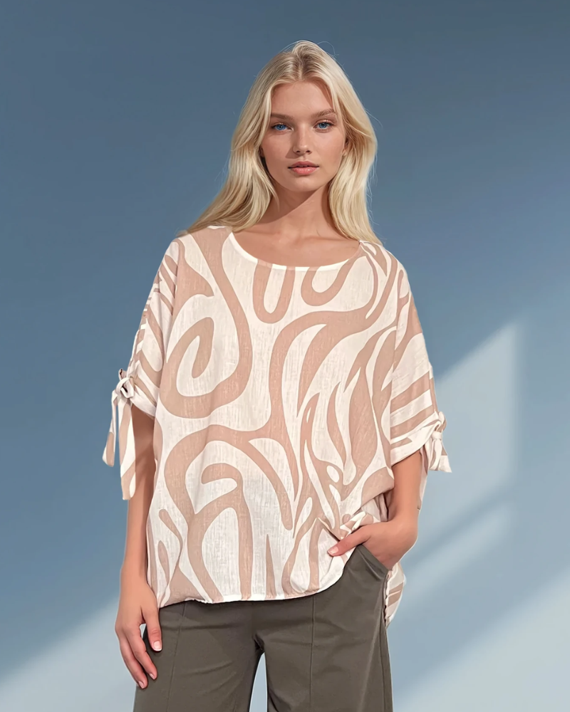 Bluză damă lejeră cu dungi și mânecă desfăcută beige - Unica (XL-3XL)