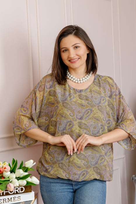 Bluza dama Maddie din voal bej cu imprimeu floral verde olive