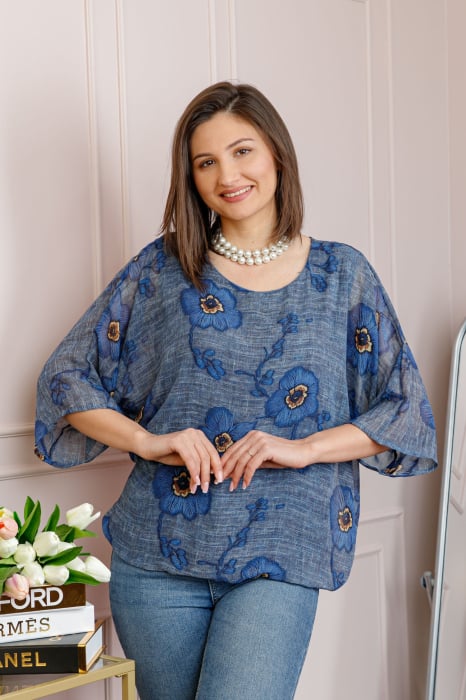 Bluza dama Maddie din voal gri albastrui cu imprimeu floral albastru