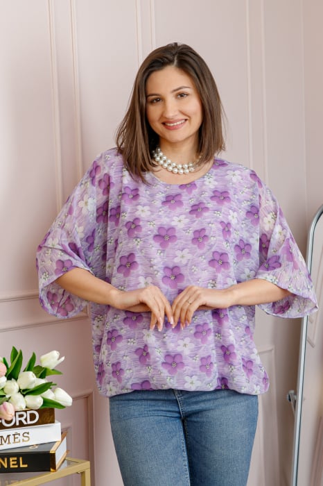 Bluza dama Maddie din voal lila cu imprimeu floral mov