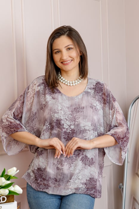 Bluza dama Maddie din voal mov prafuit cu imprimeu floral mov