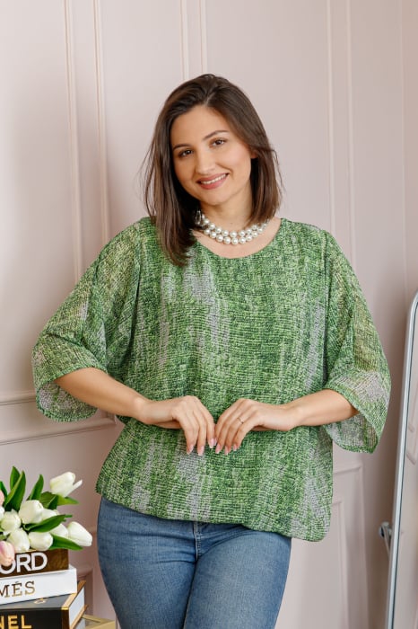 Bluza dama Maddie din voal verde cu imprimeu texturat alb