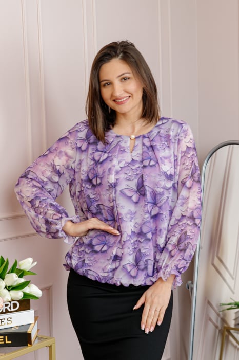 Bluza dama Pauline din voal lila cu imprimeu mov cu fluturi