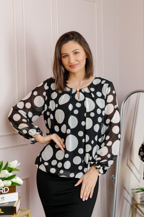 Bluza dama Pauline din voal negru cu buline albe