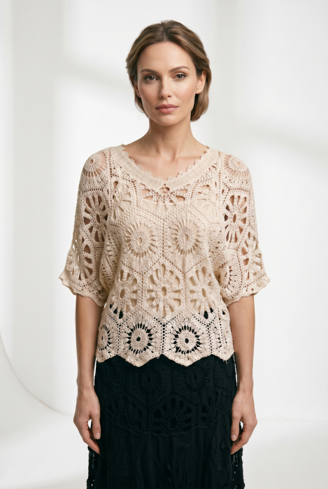 Bluza de vara cu broderie din bumbac, croi lejer, bej