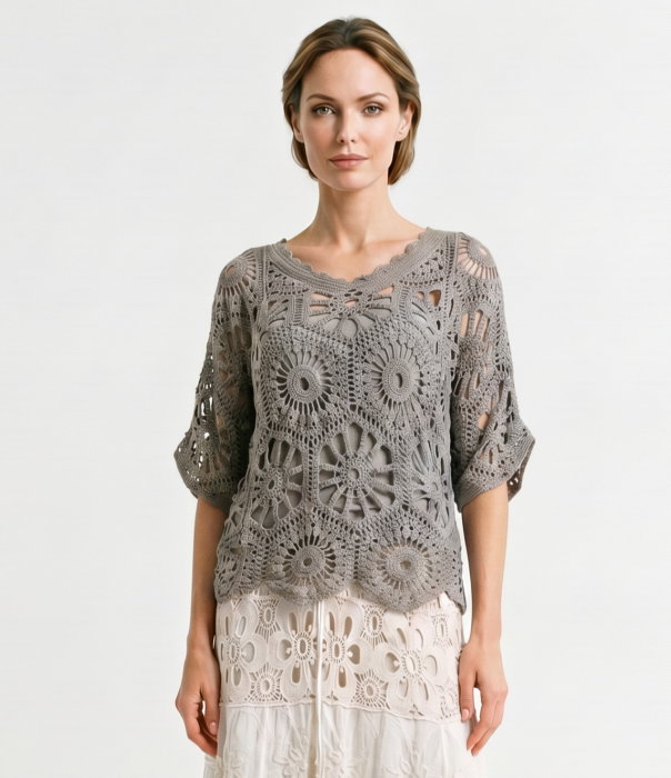 Bluza de vara cu broderie din bumbac, croi lejer, bej inchis