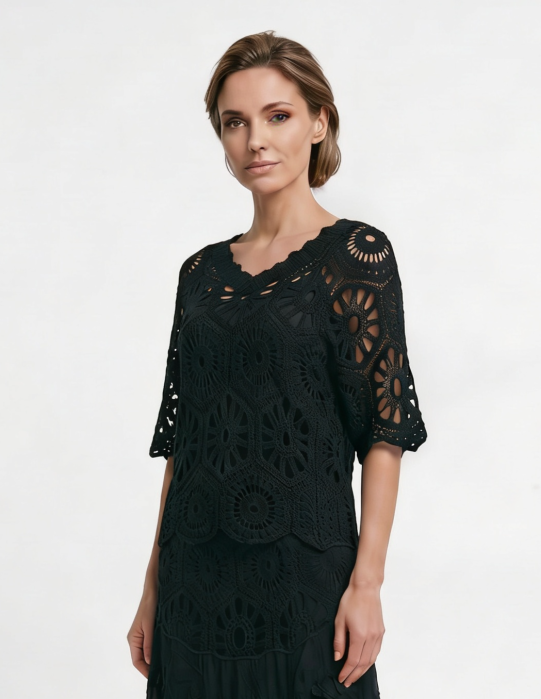 Bluza de vara cu broderie din bumbac, croi lejer, neagra