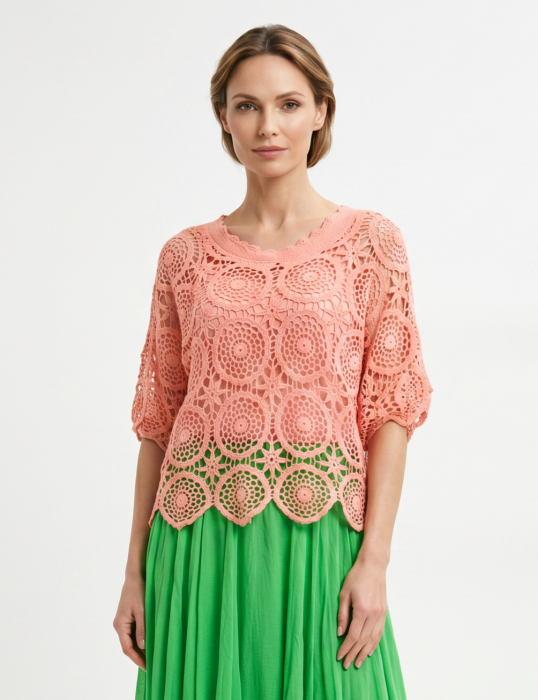 Bluza de vara cu broderie din bumbac, croi lejer, roz piersica