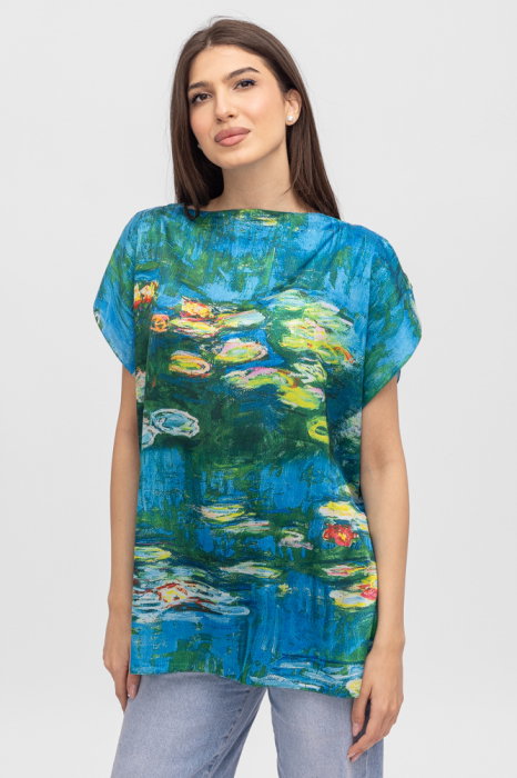 Bluza de vara tip poncho din matase cu imprimeu reproducere dupa Nuferii de Claude Monet