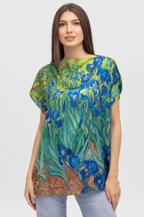 Bluza de vara tip poncho din matase cu reproducere dupa Irisi de Van Gogh