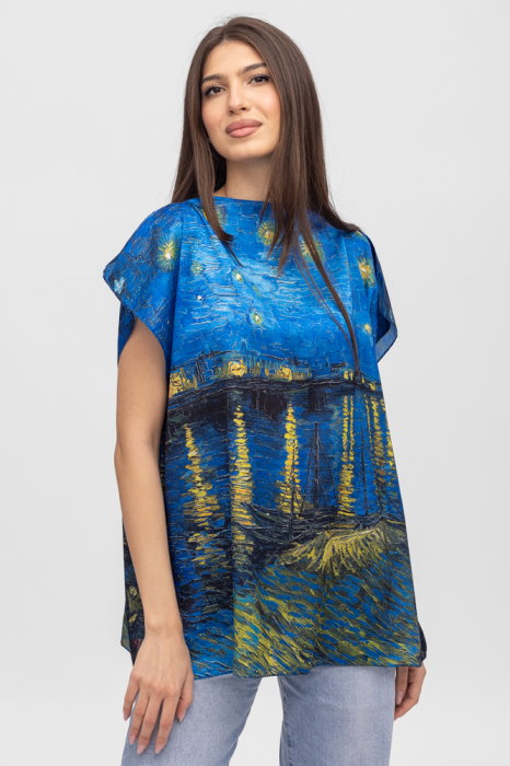 Bluza de vara tip poncho din matase cu reproducere dupa Noapte Instelata deasupra Rhonului de Claude Monet