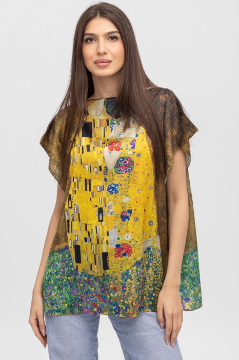 Bluza de vara tip poncho din matase cu reproducere dupa Sarutul de Gustav Klimt