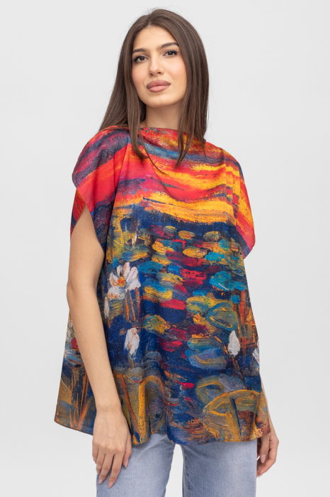 Bluza de vara tip poncho din matase imprimata cu reproducere dupa picturi celebre