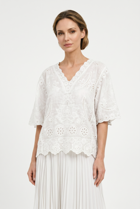 Bluza din bumbac brodat cu decolteu in V si maneci evazate, eleganta, alba