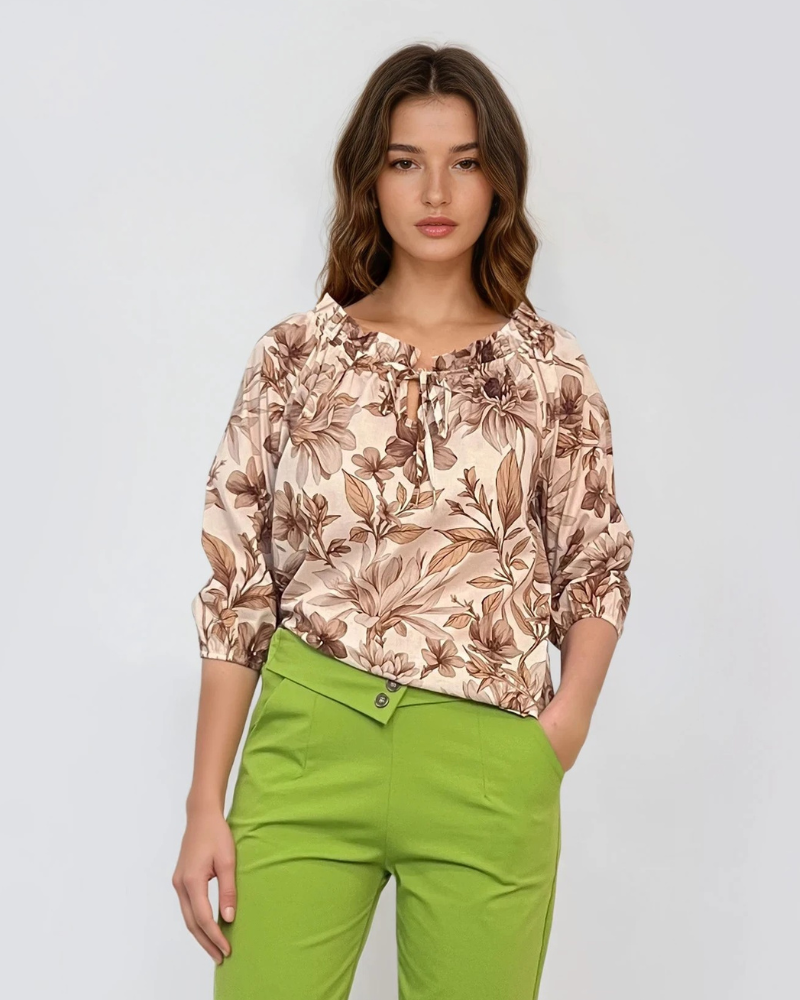 Bluză din bumbac imprimată floral beige - Unica S-L