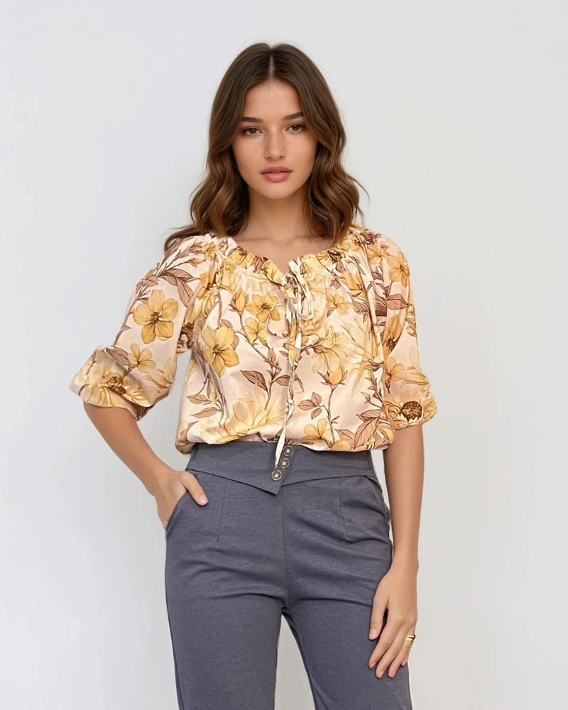 Bluză din bumbac imprimată floral galben - Unica S-L