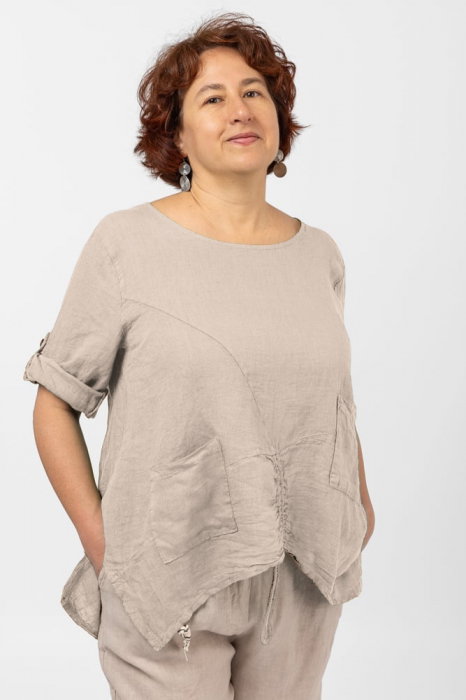 Bluza din in bej, asimetrica, cu siret pe fata