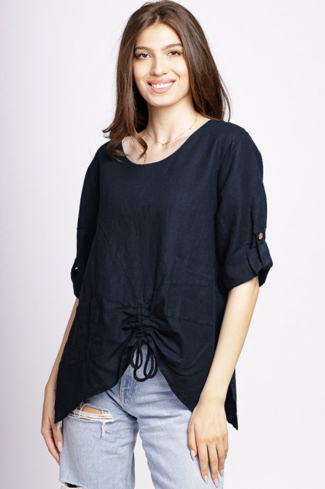 Bluza din in bleumarin, asimetrica, cu siret pe fata