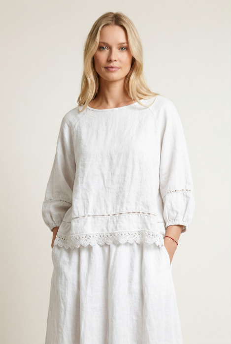 Bluza din in cu dantela, croi lejer, stil natural elegant, alba