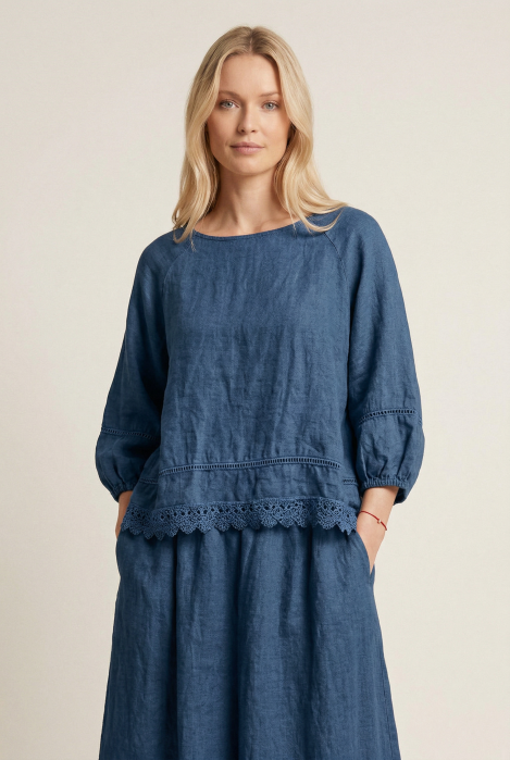 Bluza din in cu dantela, croi lejer, stil natural elegant, bleumarin