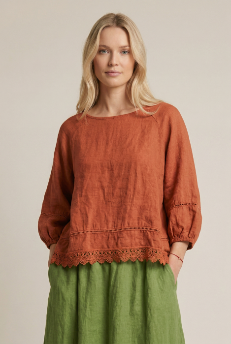 Bluza din in cu dantela, croi lejer, stil natural elegant, caramizie