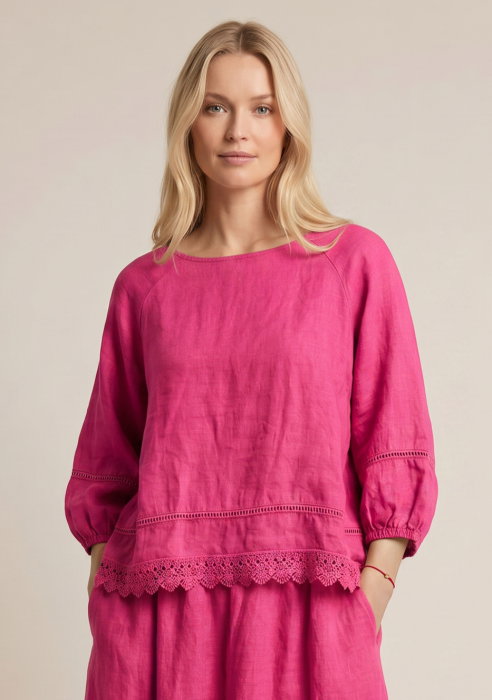 Bluza din in cu dantela, croi lejer, stil natural elegant, fucsia