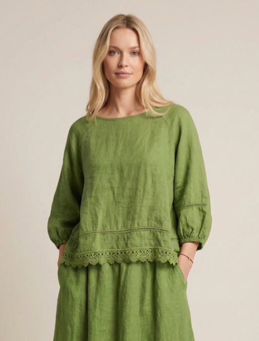 Bluza din in cu dantela, croi lejer, stil natural elegant, verde