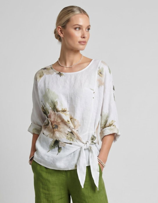 Bluza din in cu imprimeu floral watercolor si prindere laterala
