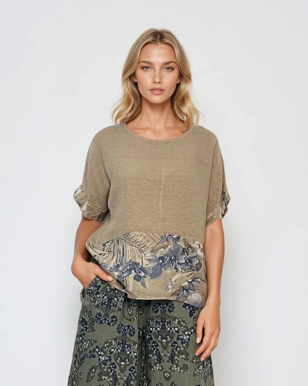 Bluză din in cu print floral crem - Unica S-L