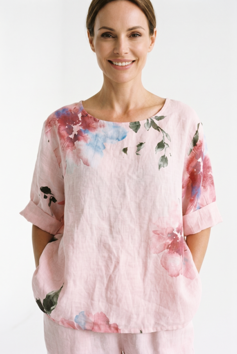 Bluza din in evazata, cu imprimeu floral acuarela si cu nasturi pe spate, roz