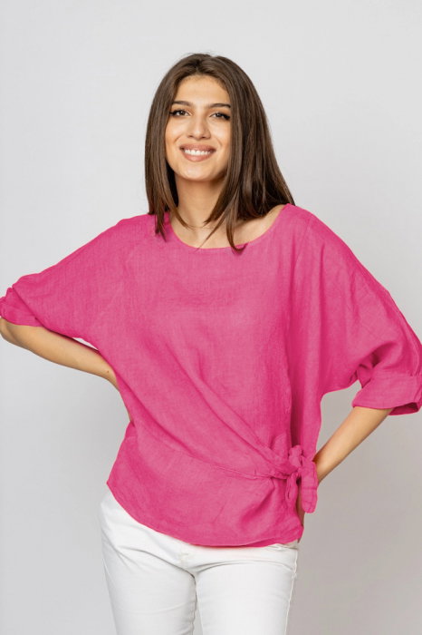 Bluza din in fucsia, masura mare cu nod pe talie
