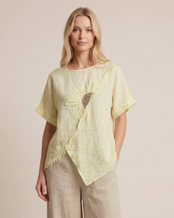 Bluza din in galben pai cu paiete si broderie, croi lejer asimetric, stil elegant natural