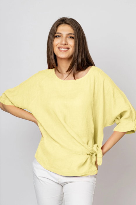 Bluza din in galben pai masura mare cu nod pe talie