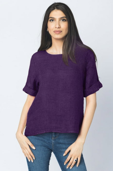 Bluza din in mov inchis cu nasturi pe spate