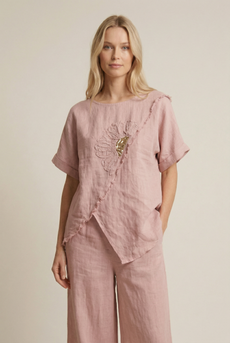 Bluza din in roz cu paiete si broderie, croi lejer asimetric, stil elegant natural