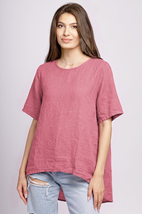 Bluza din in roz inchis, asimetrica, cu nasturi pe spate