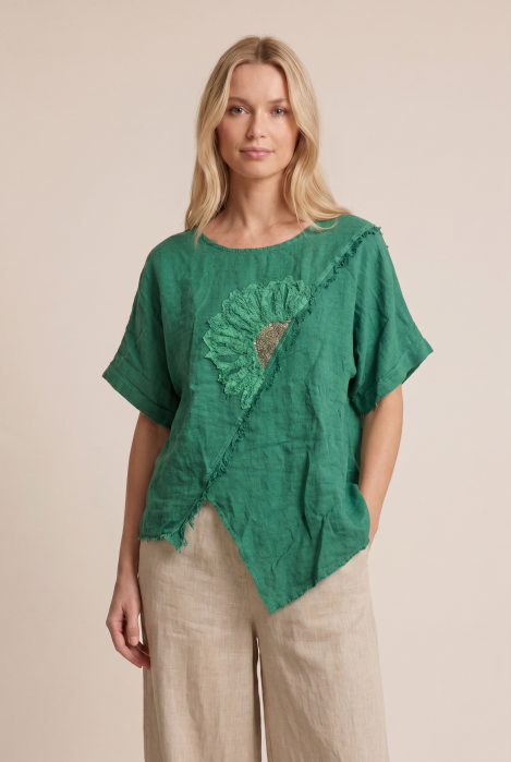 Bluza din in verde cu paiete si broderie, croi lejer asimetric, stil elegant natural