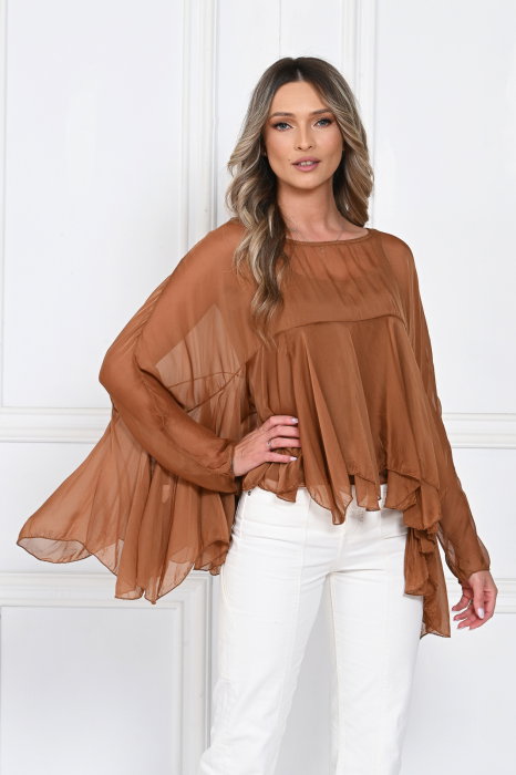 Bluza din matase naturala si vascoza cu volane tip cascada, croi lejer, maro caramel