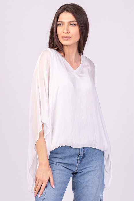 Bluza din matase si vascoza alba, cu decolteu in V in fata si pe spate