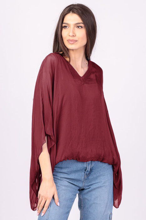 Bluza din matase si vascoza bordo, cu decolteu in V in fata si pe spate